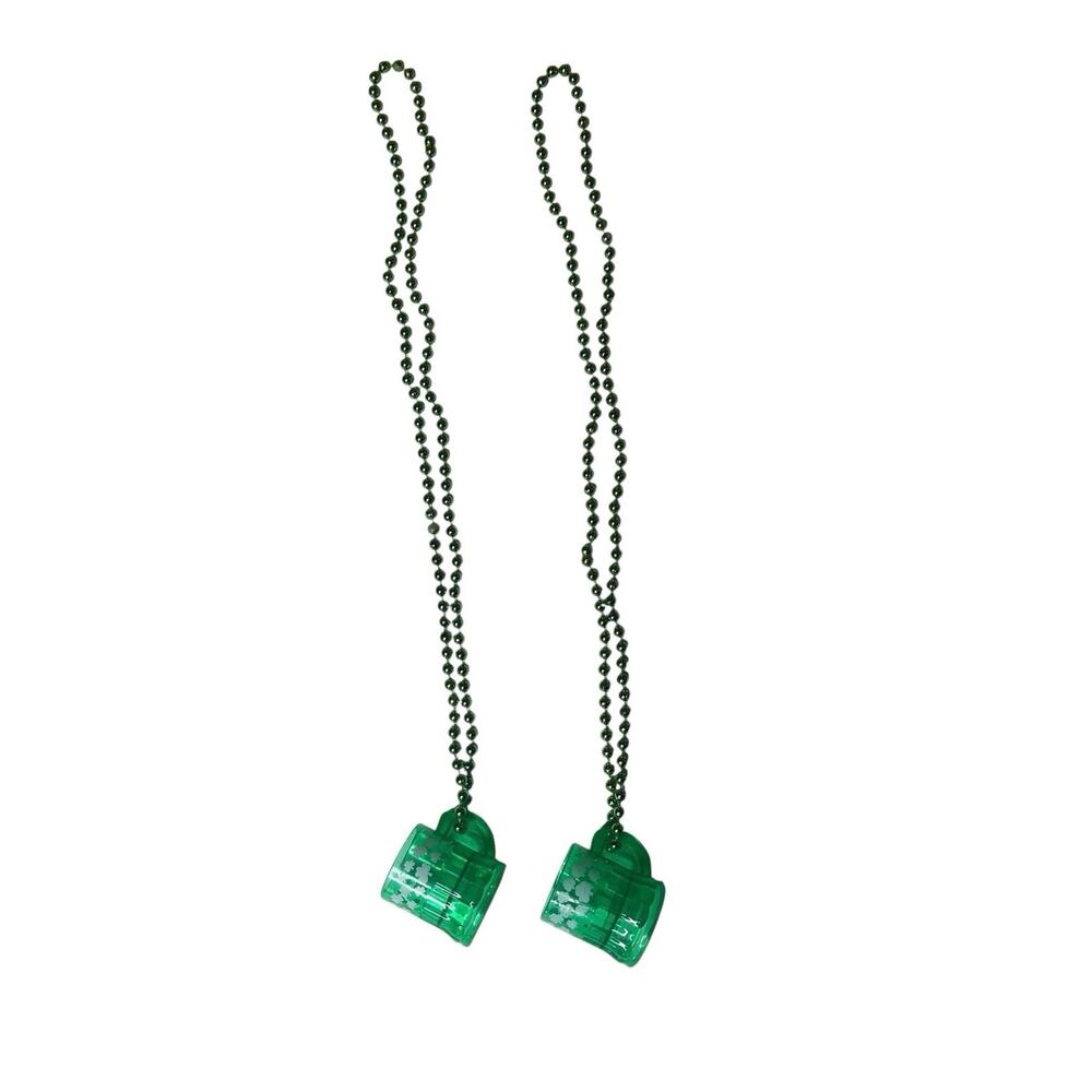 St Patricks Day Green Shot Glass Beaded Necklace Party Bar Fun Dress Up Set of 2